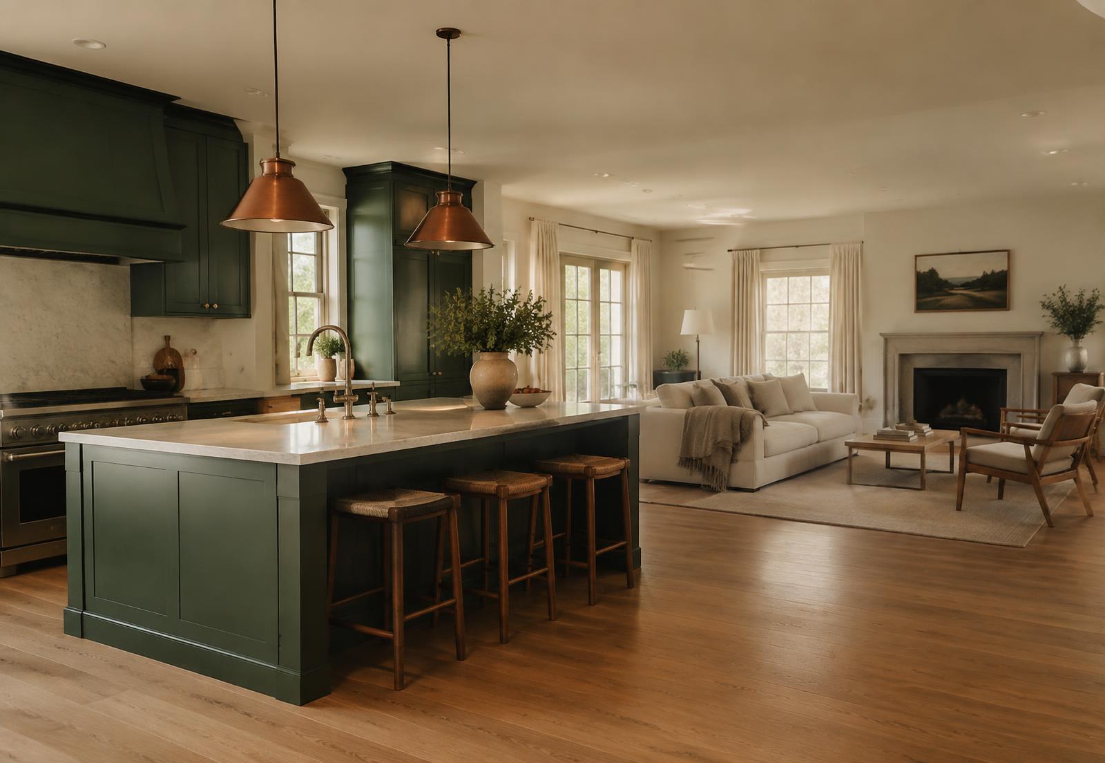 Renovated kitchen with dark green cabinets and copper pendants