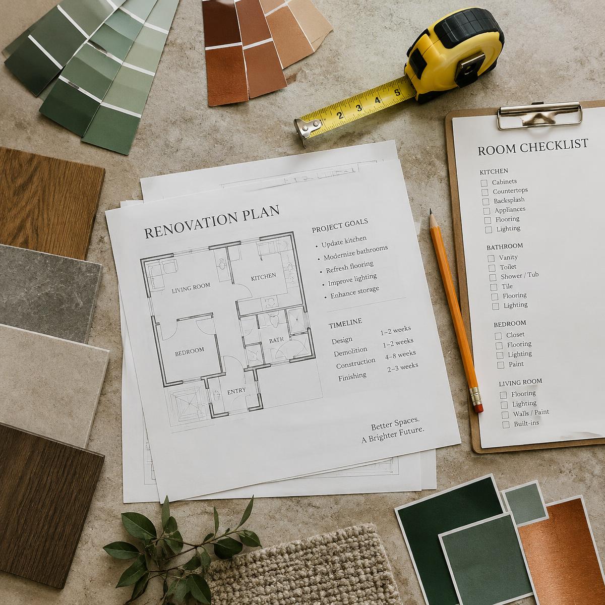 Renovation plan and room checklist with material samples