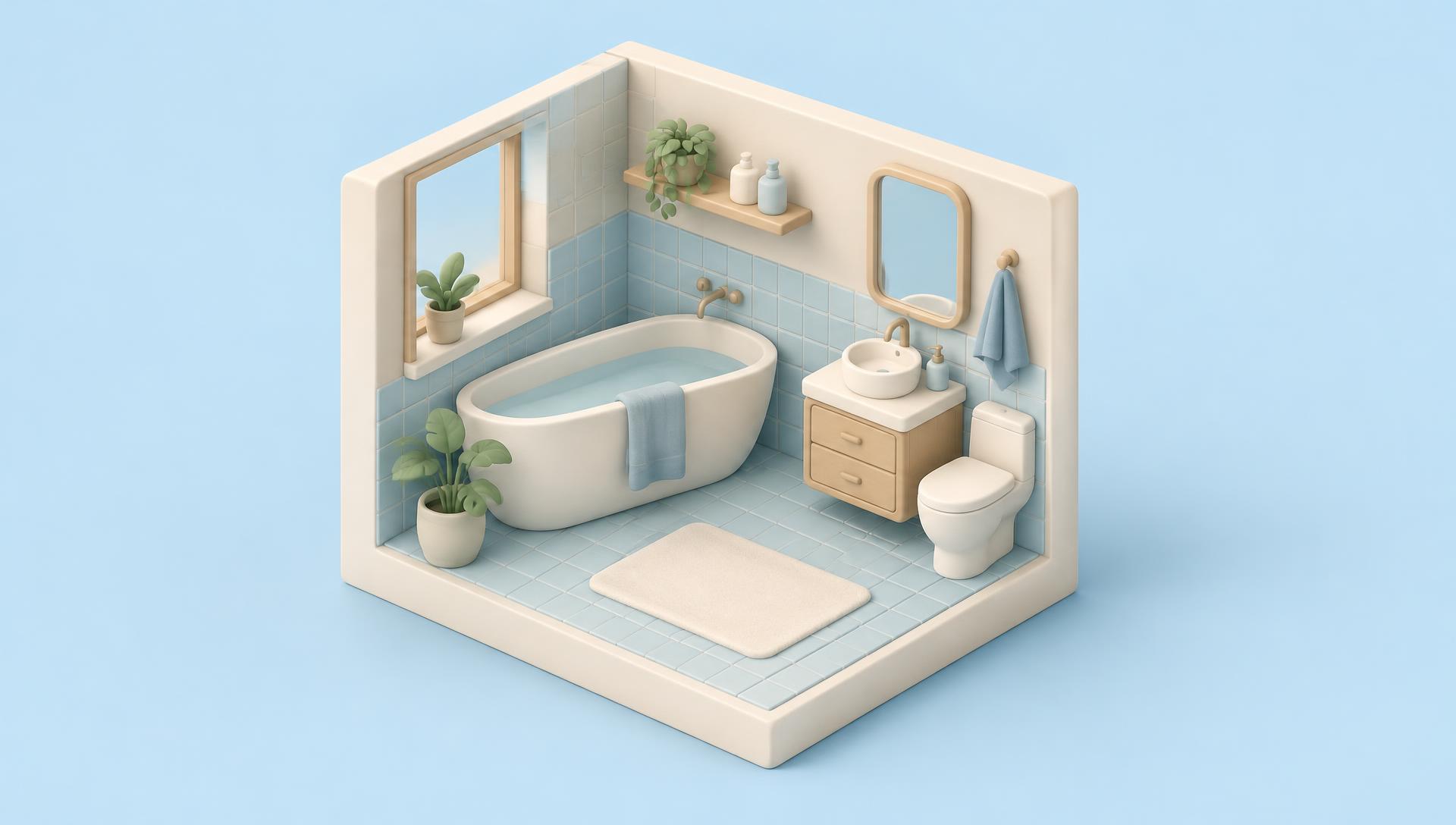Clay model of a light blue bathroom