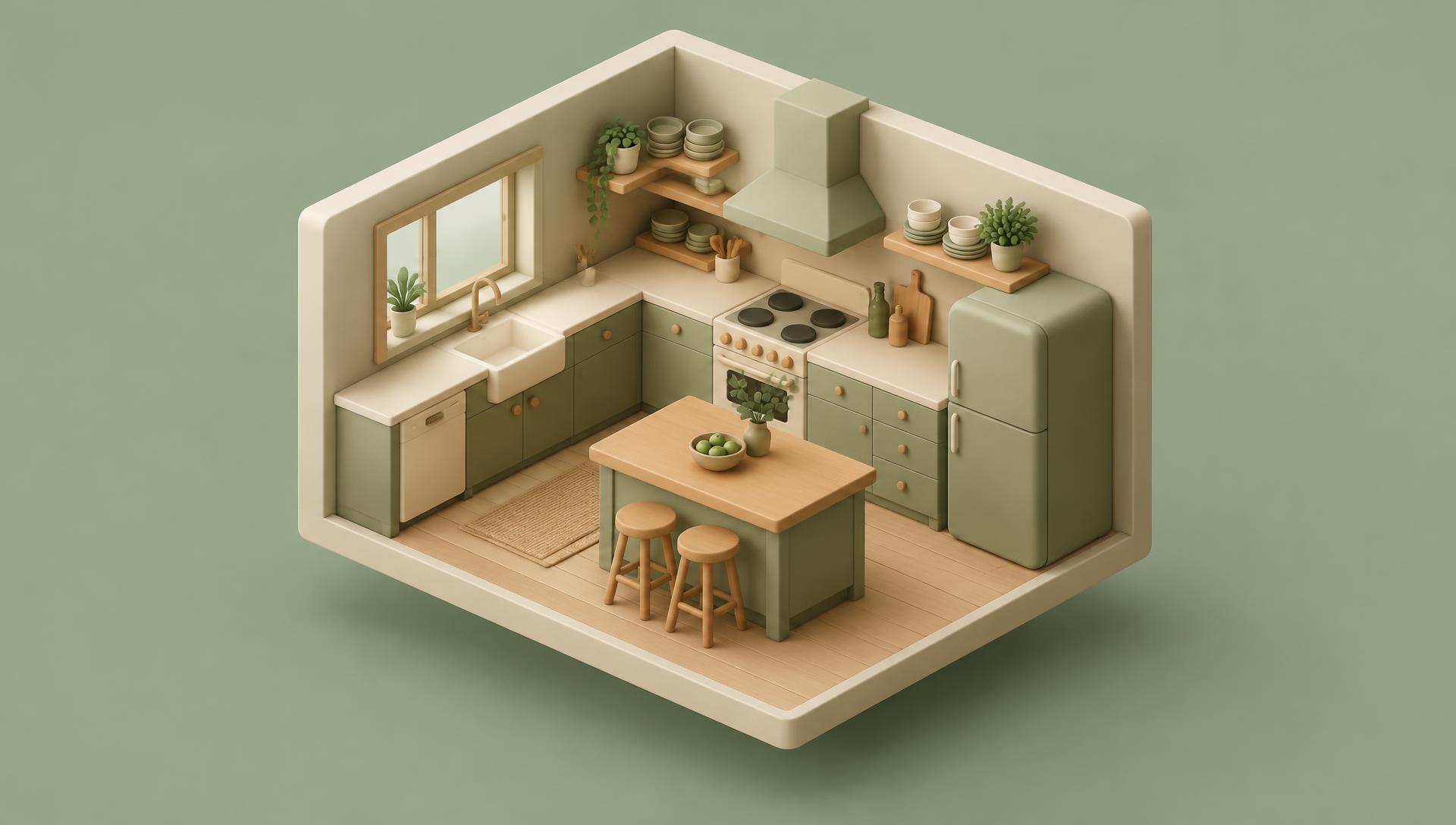 Clay model of a sage green kitchen