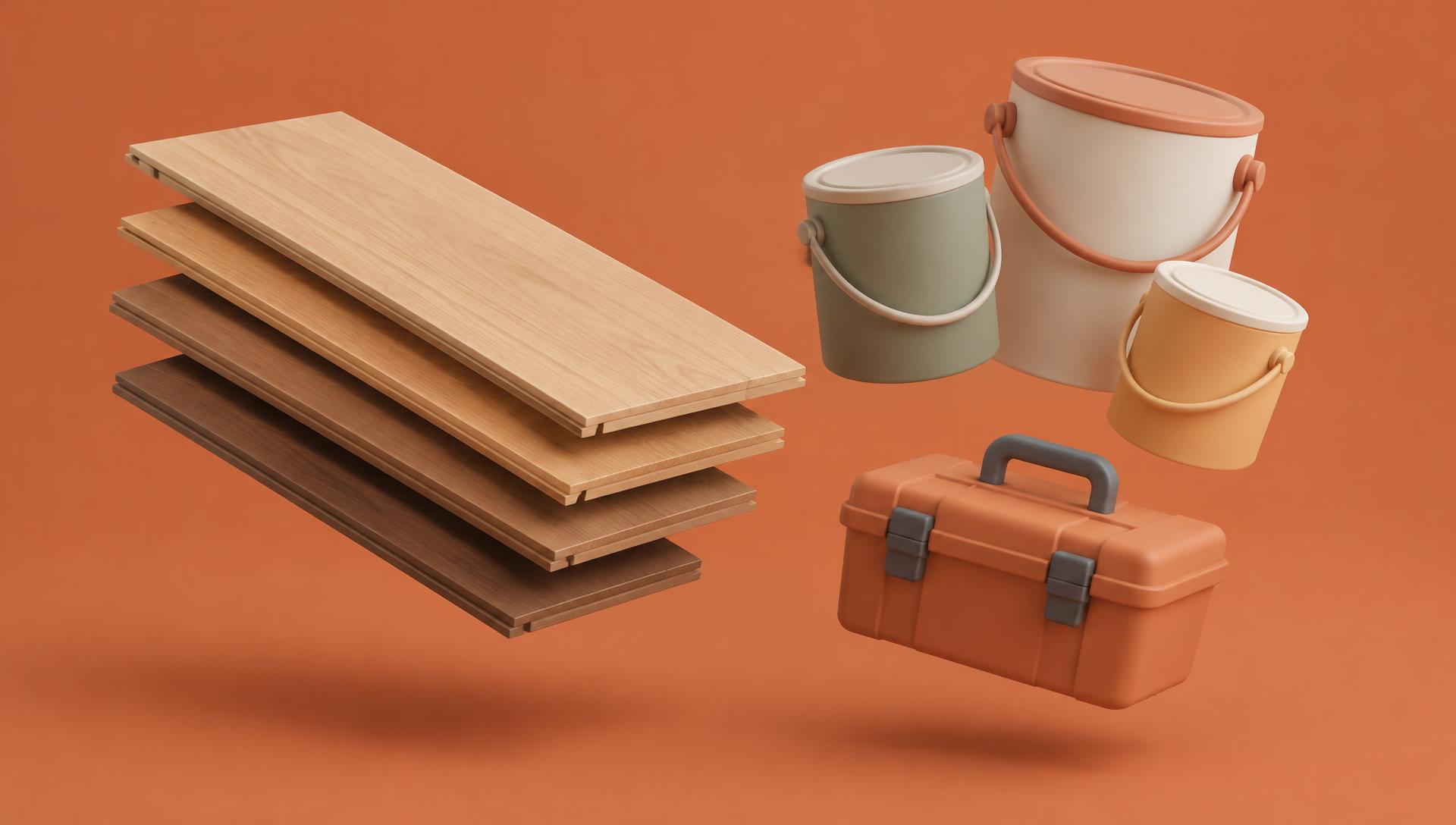 Floating flooring planks, paint cans, and a toolbox