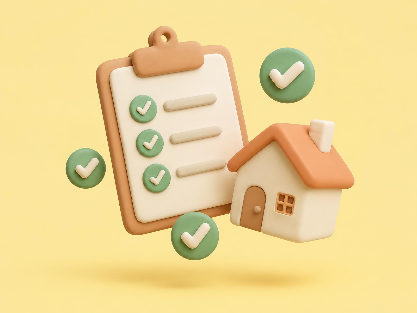 Clay clipboard with check marks beside a small house