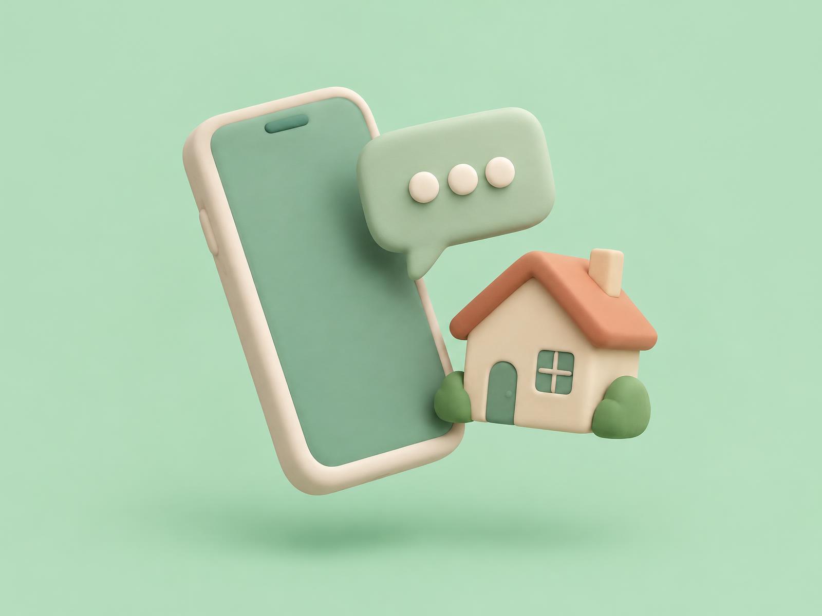 Clay phone with a chat bubble beside a small house